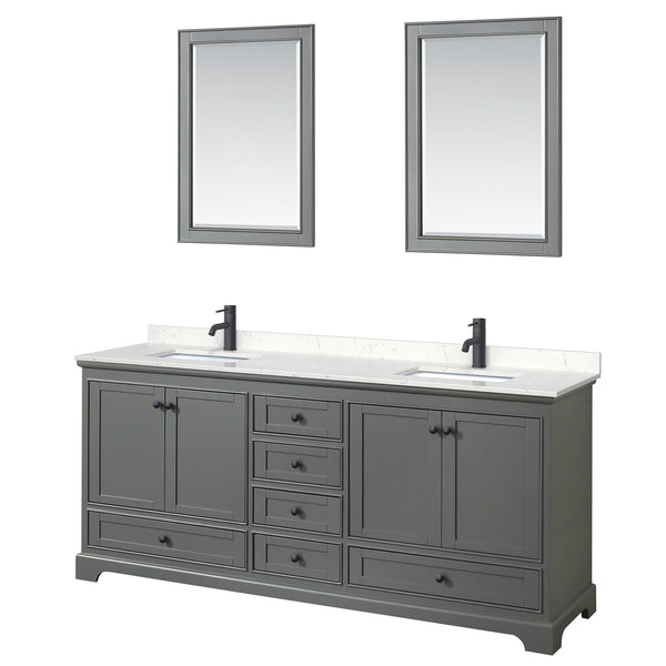 Wyndham Deborah 80 Inch Double Bathroom Vanity Carrara Cultured Marble Countertop, Undermount Square Sinks in Matte Black Trim with 24 Inch Mirrors - Luxe Bathroom Vanities