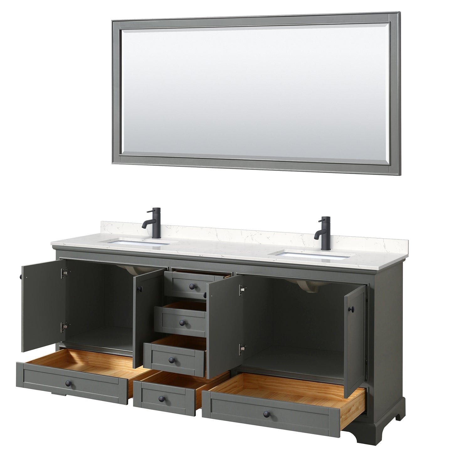 Wyndham Deborah 80 Inch Double Bathroom Vanity Carrara Cultured Marble Countertop, Undermount Square Sinks in Matte Black Trim with 70 Inch Mirror - Luxe Bathroom Vanities