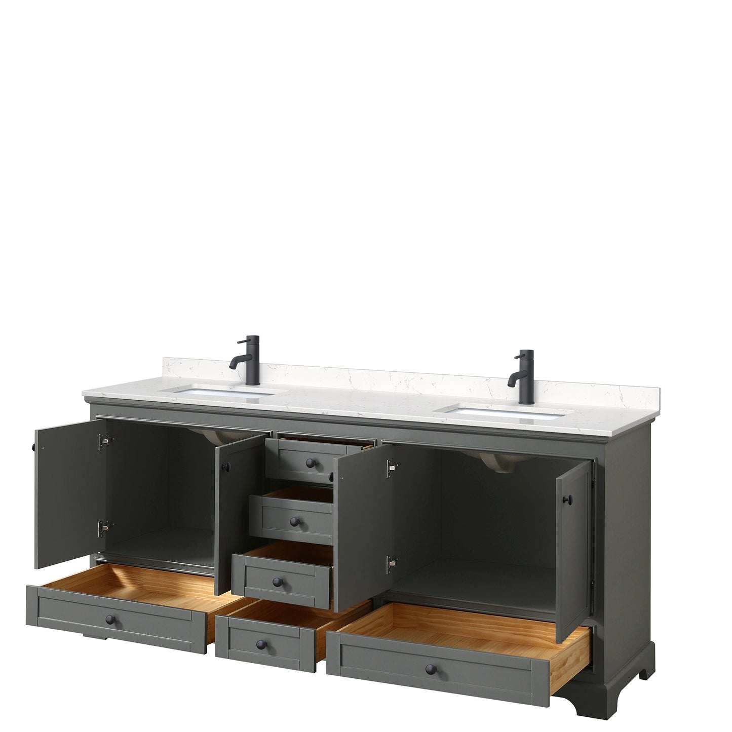 Wyndham Deborah 80 Inch Double Bathroom Vanity Carrara Cultured Marble Countertop with Undermount Square Sinks in Matte Black Trim - Luxe Bathroom Vanities