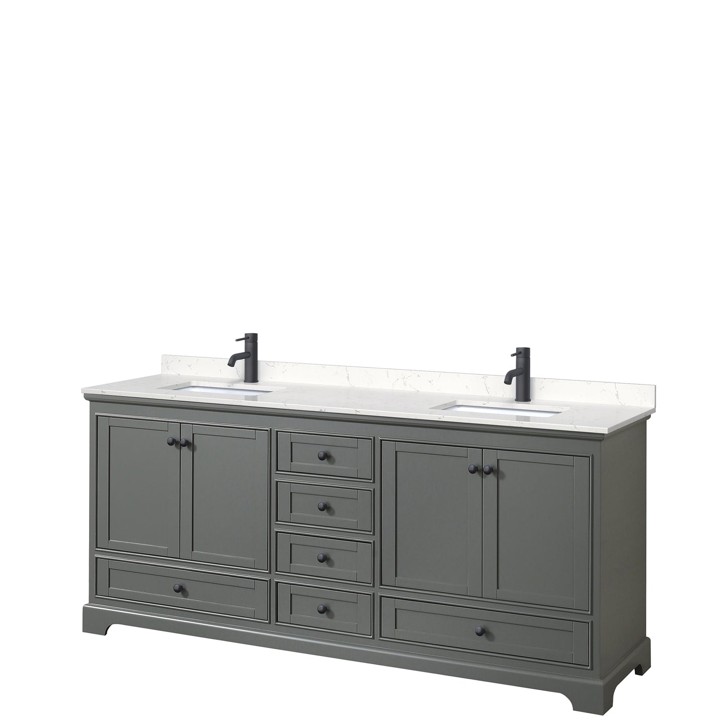 Wyndham Deborah 80 Inch Double Bathroom Vanity Carrara Cultured Marble Countertop with Undermount Square Sinks in Matte Black Trim - Luxe Bathroom Vanities