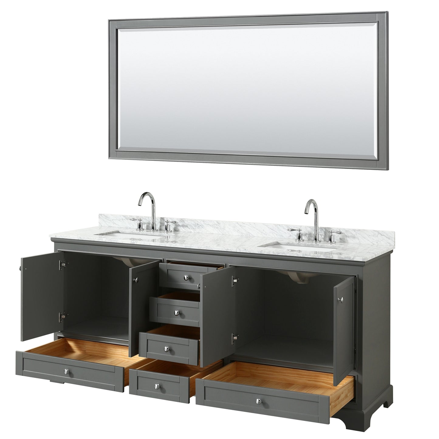 80 Inch Double Bathroom Vanity, White Carrara Marble Countertop, Undermount Square Sinks, and 70 Inch Mirror - Luxe Bathroom Vanities Luxury Bathroom Fixtures Bathroom Furniture