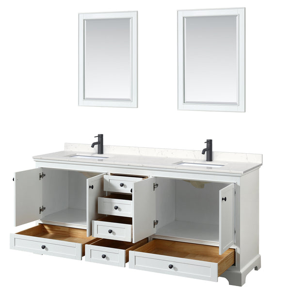 Wyndham Deborah 80 Inch Double Bathroom Vanity Carrara Cultured Marble Countertop, Undermount Square Sinks in Matte Black Trim with 24 Inch Mirrors - Luxe Bathroom Vanities