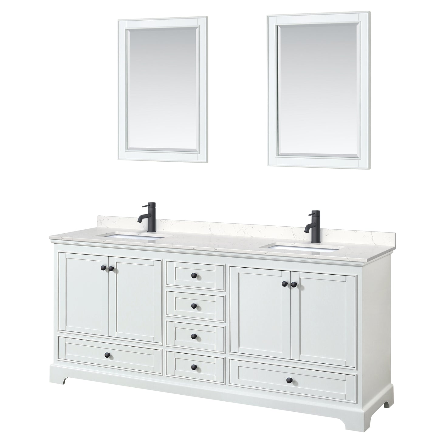 Wyndham Deborah 80 Inch Double Bathroom Vanity Carrara Cultured Marble Countertop, Undermount Square Sinks in Matte Black Trim with 24 Inch Mirrors - Luxe Bathroom Vanities