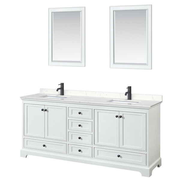 Wyndham Deborah 80 Inch Double Bathroom Vanity Carrara Cultured Marble Countertop, Undermount Square Sinks in Matte Black Trim with 24 Inch Mirrors - Luxe Bathroom Vanities