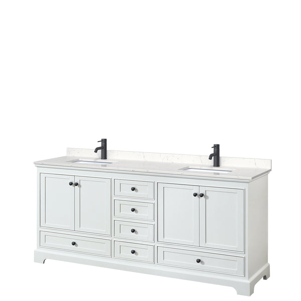 Wyndham Deborah 80 Inch Double Bathroom Vanity Carrara Cultured Marble Countertop with Undermount Square Sinks in Matte Black Trim - Luxe Bathroom Vanities