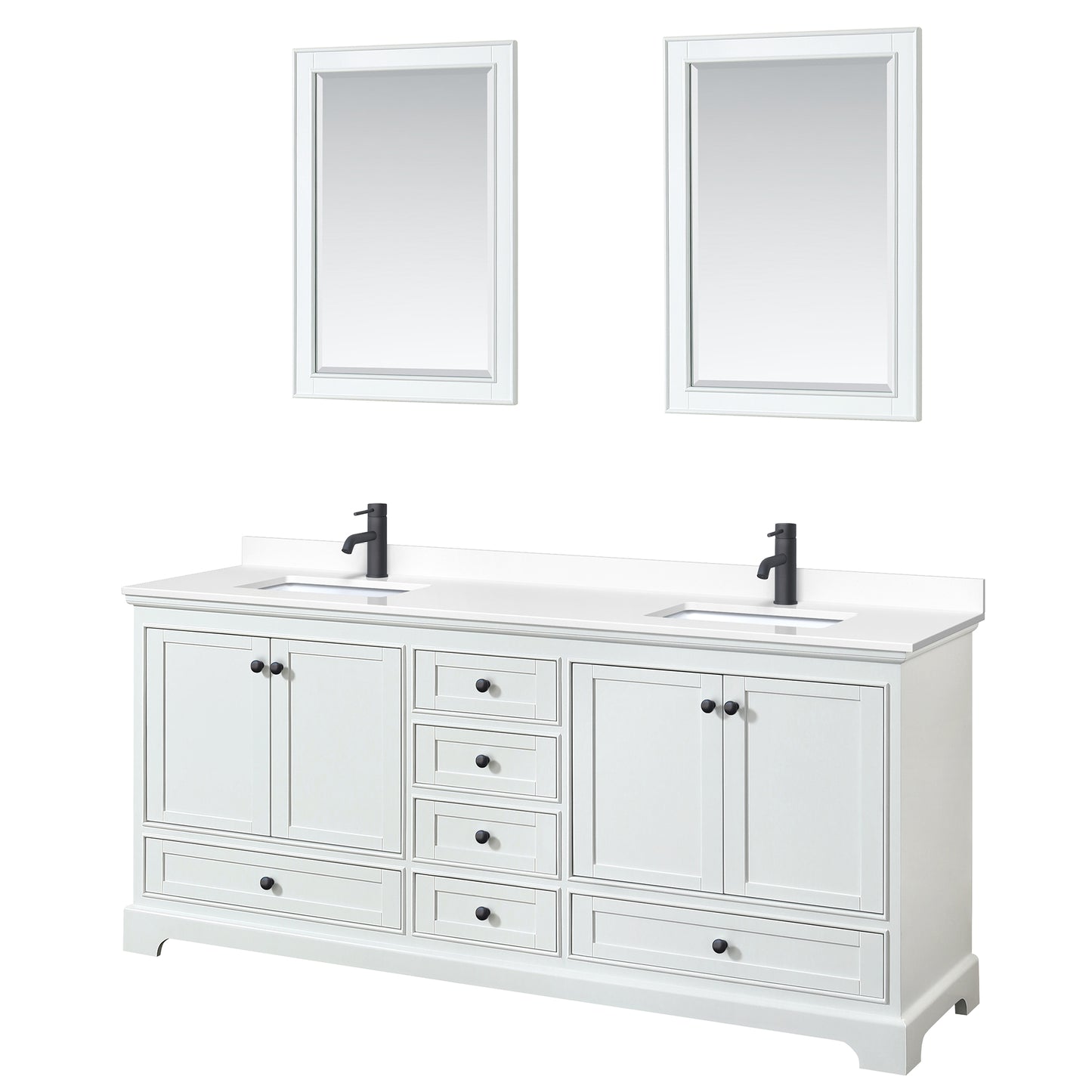 Wyndham Deborah 80 Inch Double Bathroom Vanity White Cultured Marble Countertop, Undermount Square Sinks in Matte Black Trim with 24 Inch Mirrors - Luxe Bathroom Vanities