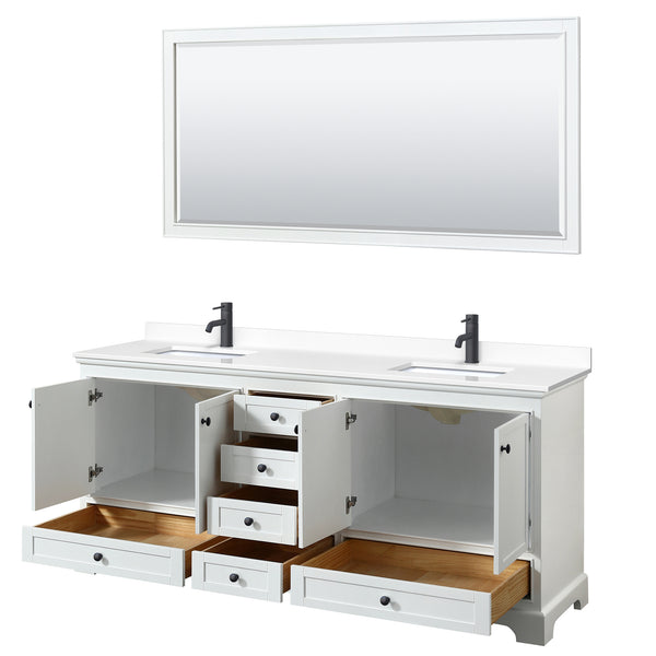 Wyndham Deborah 80 Inch Double Bathroom Vanity White Cultured Marble Countertop, Undermount Square Sinks in Matte Black Trim with 70 Inch Mirror - Luxe Bathroom Vanities