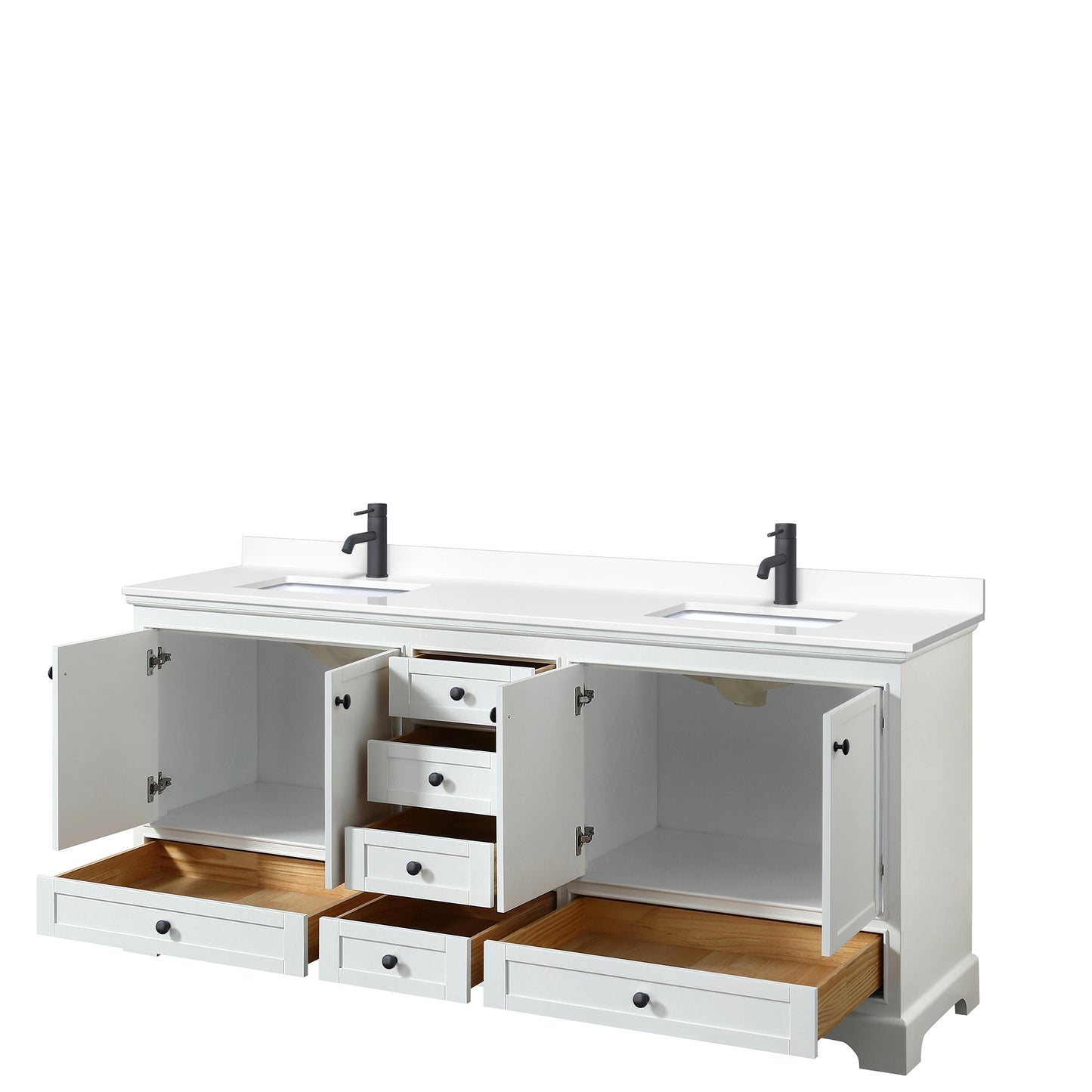 Wyndham Deborah 80 Inch Double Bathroom Vanity White Cultured Marble Countertop with Undermount Square Sinks in Matte Black Trim - Luxe Bathroom Vanities