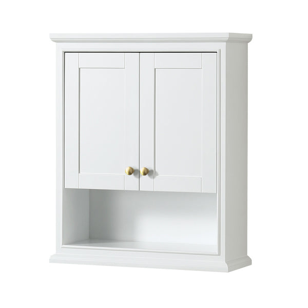 Wyndham Deborah Over-the-Toilet Bathroom Wall-Mounted Storage Cabinet in White with Brushed Gold Trim - Luxe Bathroom Vanities