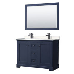 Wyndham Avery 48 Inch Double Bathroom Vanity Light-Vein Carrara Cultured Marble Countertop, Undermount Square Sinks in Matte Black Trim with 46 Inch Mirror - Luxe Bathroom Vanities