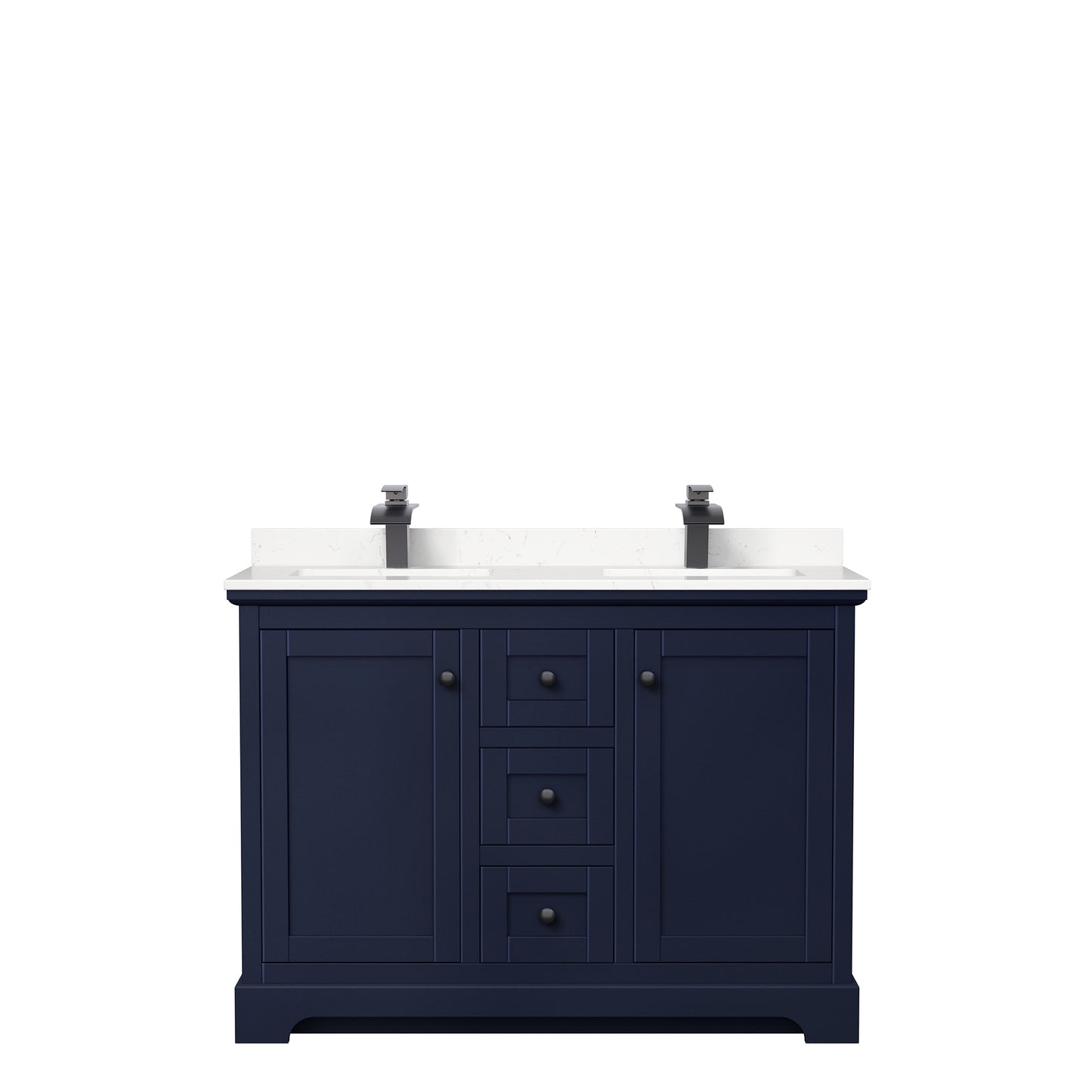 Wyndham Avery 48 Inch Double Bathroom Vanity Light-Vein Carrara Cultured Marble Countertop with Undermount Square Sinks in Matte Black Trim - Luxe Bathroom Vanities