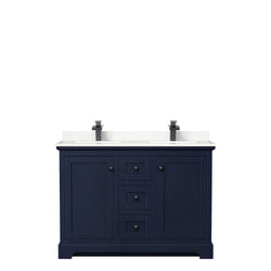 Wyndham Avery 48 Inch Double Bathroom Vanity Light-Vein Carrara Cultured Marble Countertop with Undermount Square Sinks in Matte Black Trim - Luxe Bathroom Vanities