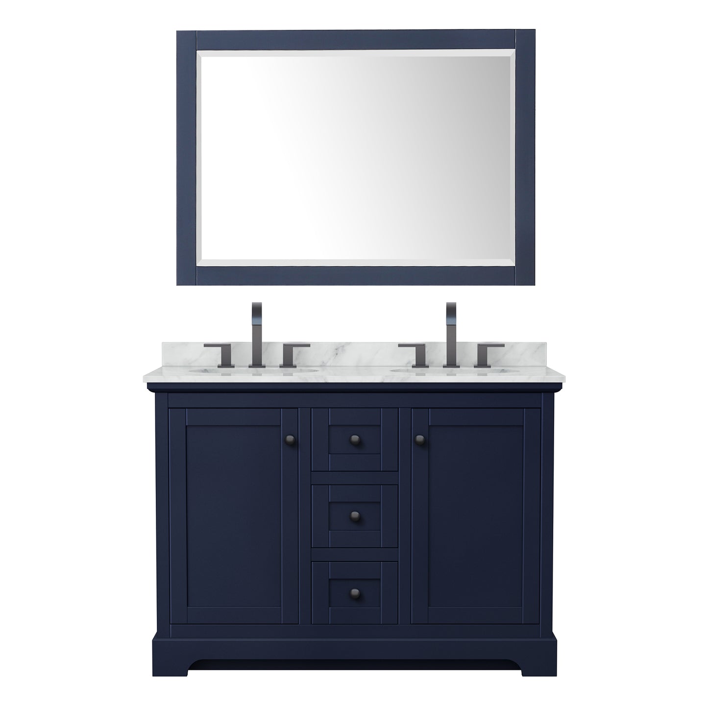 Wyndham Avery 48 Inch Double Bathroom Vanity White Carrara Marble Countertop, Undermount Oval Sinks in Matte Black Trim with 46 Inch Mirror - Luxe Bathroom Vanities