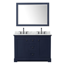 Wyndham Avery 48 Inch Double Bathroom Vanity White Carrara Marble Countertop, Undermount Oval Sinks in Matte Black Trim with 46 Inch Mirror - Luxe Bathroom Vanities