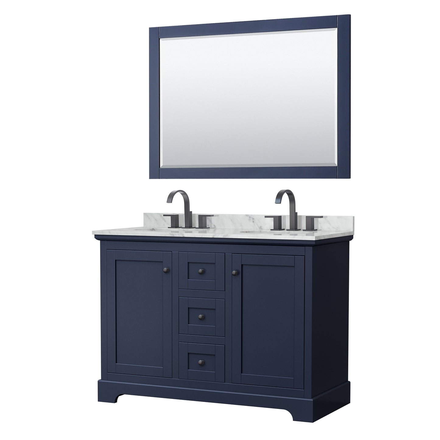 Wyndham Avery 48 Inch Double Bathroom Vanity White Carrara Marble Countertop, Undermount Oval Sinks in Matte Black Trim with 46 Inch Mirror - Luxe Bathroom Vanities