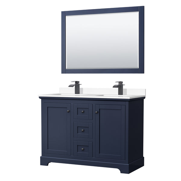 Wyndham Avery 48 Inch Double Bathroom Vanity White Cultured Marble Countertop, Undermount Square Sinks in Matte Black Trim with 46 Inch Mirror - Luxe Bathroom Vanities