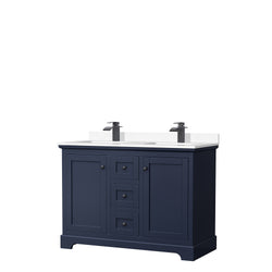 Wyndham Avery 48 Inch Double Bathroom Vanity White Cultured Marble Countertop with Undermount Square Sinks in Matte Black Trim - Luxe Bathroom Vanities