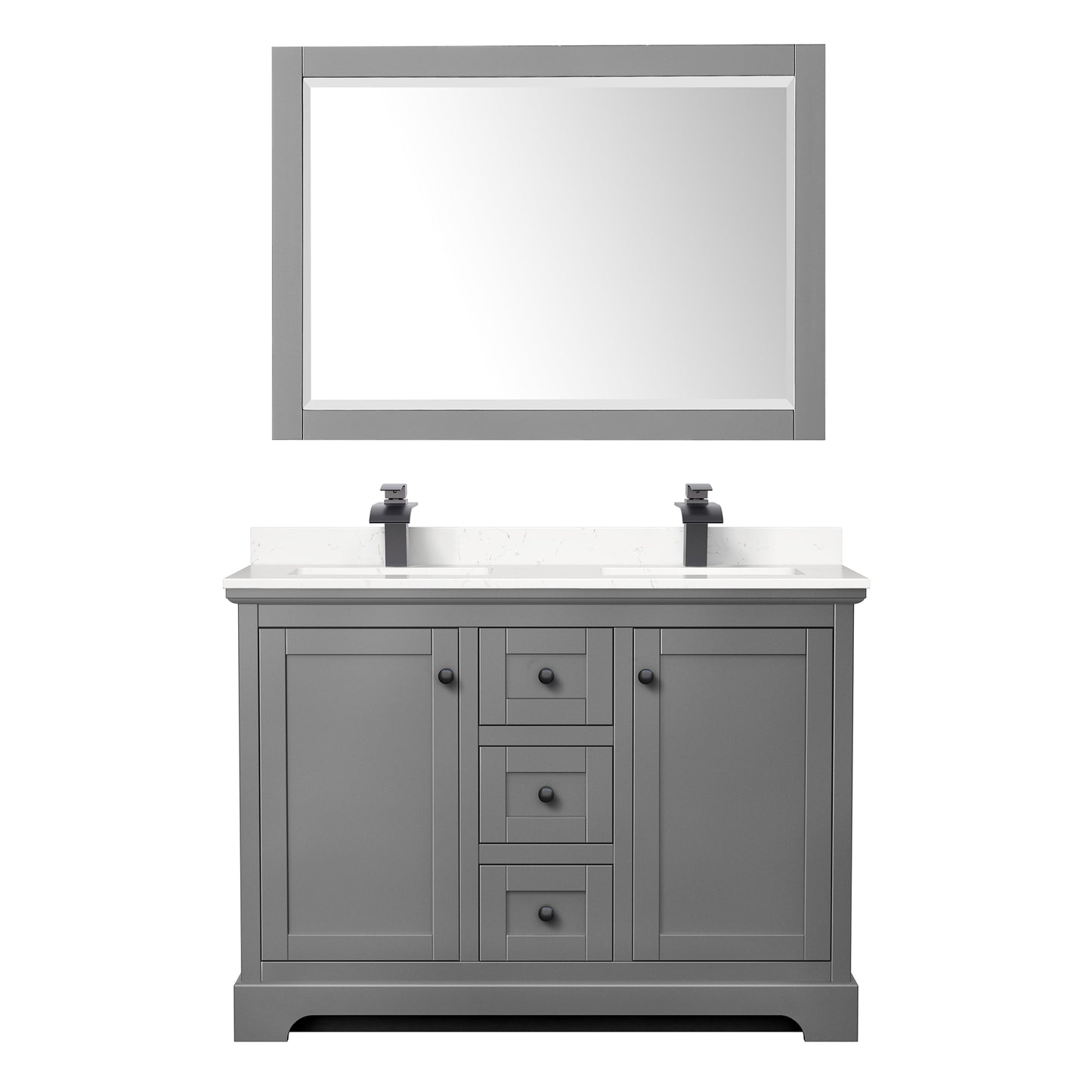 Wyndham Avery 48 Inch Double Bathroom Vanity Light-Vein Carrara Cultured Marble Countertop, Undermount Square Sinks in Matte Black Trim with 46 Inch Mirror - Luxe Bathroom Vanities