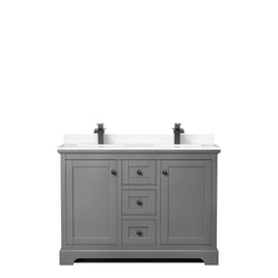 Wyndham Avery 48 Inch Double Bathroom Vanity Light-Vein Carrara Cultured Marble Countertop with Undermount Square Sinks in Matte Black Trim - Luxe Bathroom Vanities