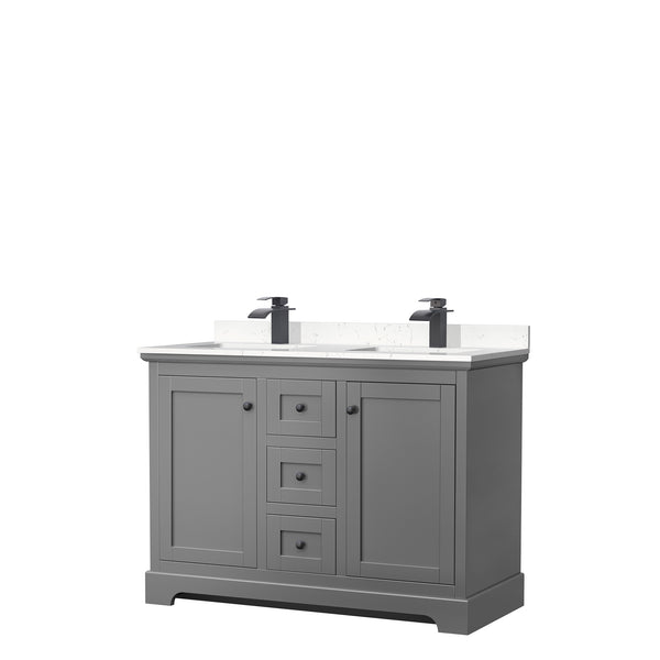 Wyndham Avery 48 Inch Double Bathroom Vanity Light-Vein Carrara Cultured Marble Countertop with Undermount Square Sinks in Matte Black Trim - Luxe Bathroom Vanities