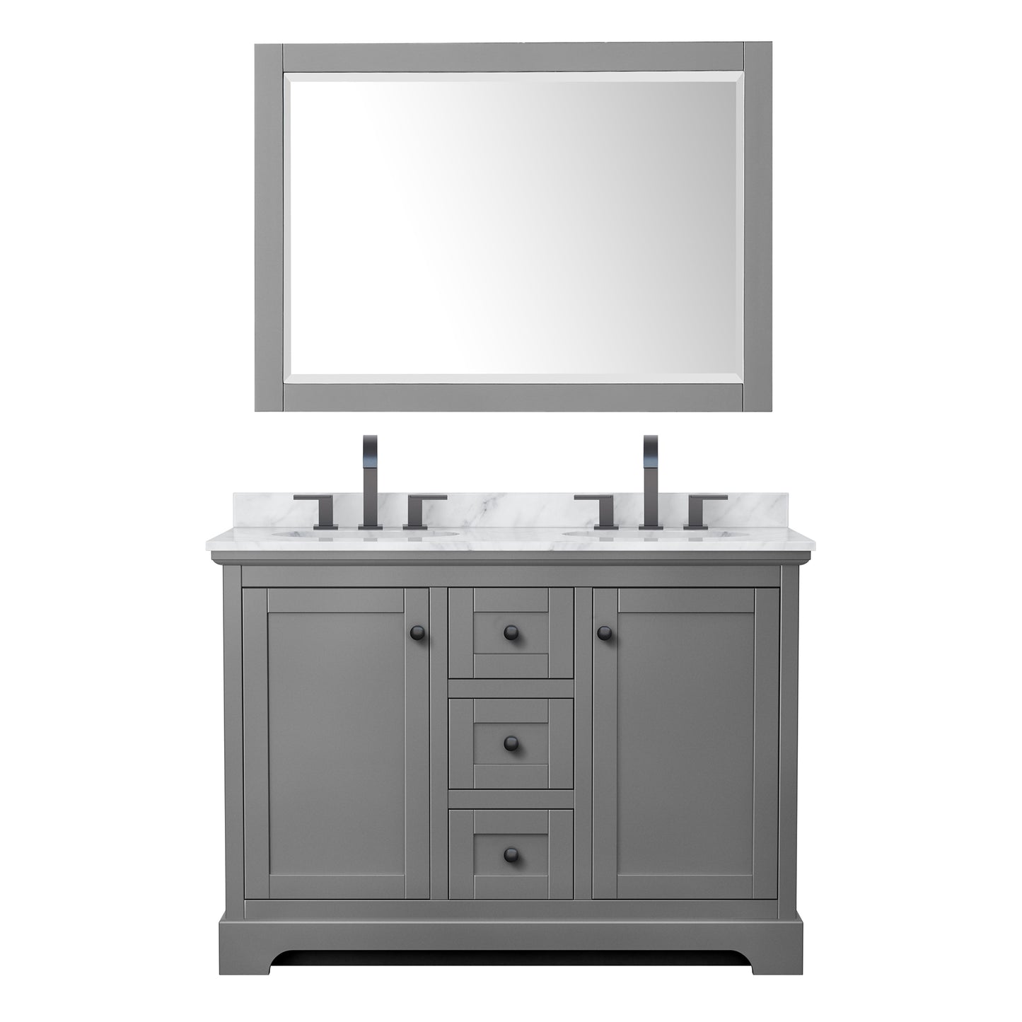 Wyndham Avery 48 Inch Double Bathroom Vanity White Carrara Marble Countertop, Undermount Oval Sinks in Matte Black Trim with 46 Inch Mirror - Luxe Bathroom Vanities