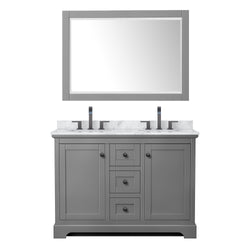 Wyndham Avery 48 Inch Double Bathroom Vanity White Carrara Marble Countertop, Undermount Oval Sinks in Matte Black Trim with 46 Inch Mirror - Luxe Bathroom Vanities