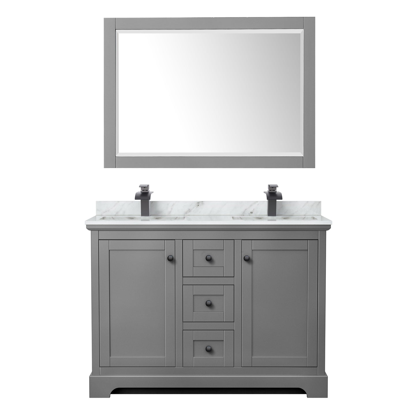 Wyndham Avery 48 Inch Double Bathroom Vanity White Carrara Marble Countertop, Undermount Square Sinks in Matte Black Trim with 46 Inch Mirror - Luxe Bathroom Vanities