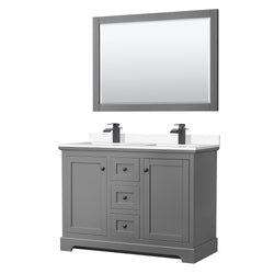 Wyndham Avery 48 Inch Double Bathroom Vanity White Cultured Marble Countertop, Undermount Square Sinks in Matte Black Trim with 46 Inch Mirror - Luxe Bathroom Vanities