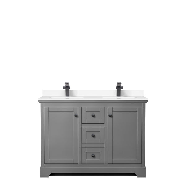 Wyndham Avery 48 Inch Double Bathroom Vanity White Cultured Marble Countertop with Undermount Square Sinks in Matte Black Trim - Luxe Bathroom Vanities