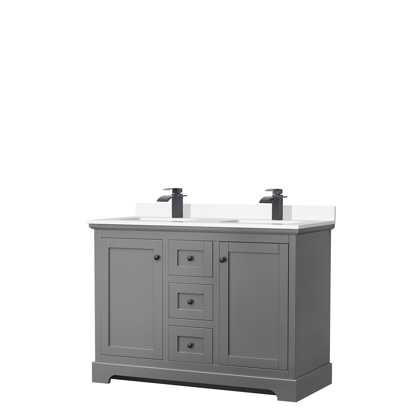Wyndham Avery 48 Inch Double Bathroom Vanity White Cultured Marble Countertop with Undermount Square Sinks in Matte Black Trim - Luxe Bathroom Vanities