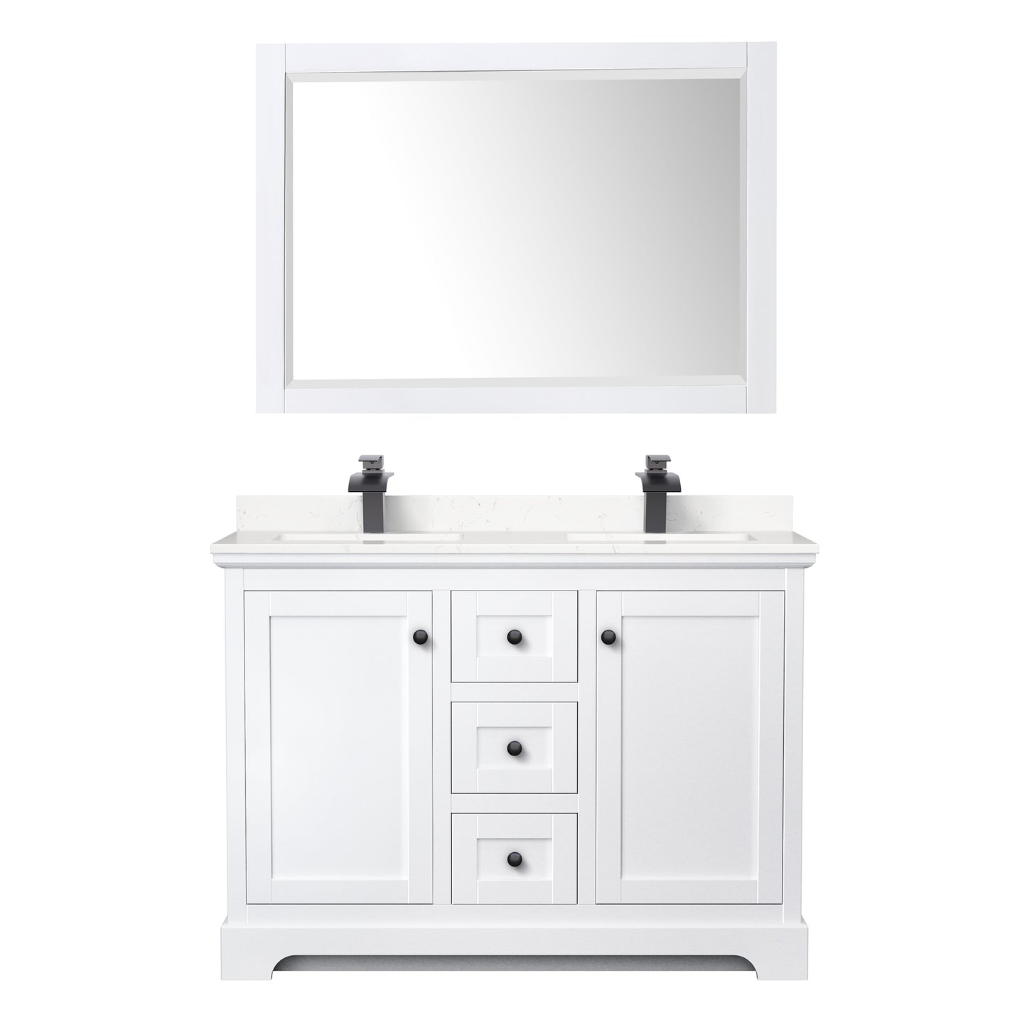 Wyndham Avery 48 Inch Double Bathroom Vanity Light-Vein Carrara Cultured Marble Countertop, Undermount Square Sinks in Matte Black Trim with 46 Inch Mirror - Luxe Bathroom Vanities