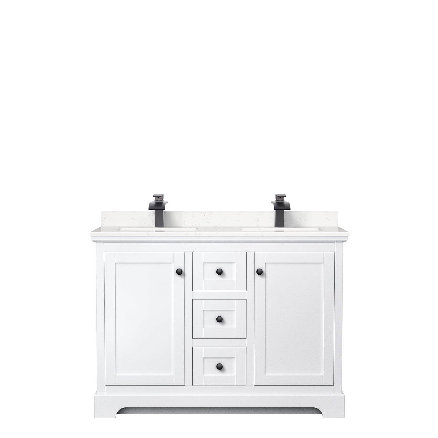 Wyndham Avery 48 Inch Double Bathroom Vanity Light-Vein Carrara Cultured Marble Countertop with Undermount Square Sinks in Matte Black Trim - Luxe Bathroom Vanities