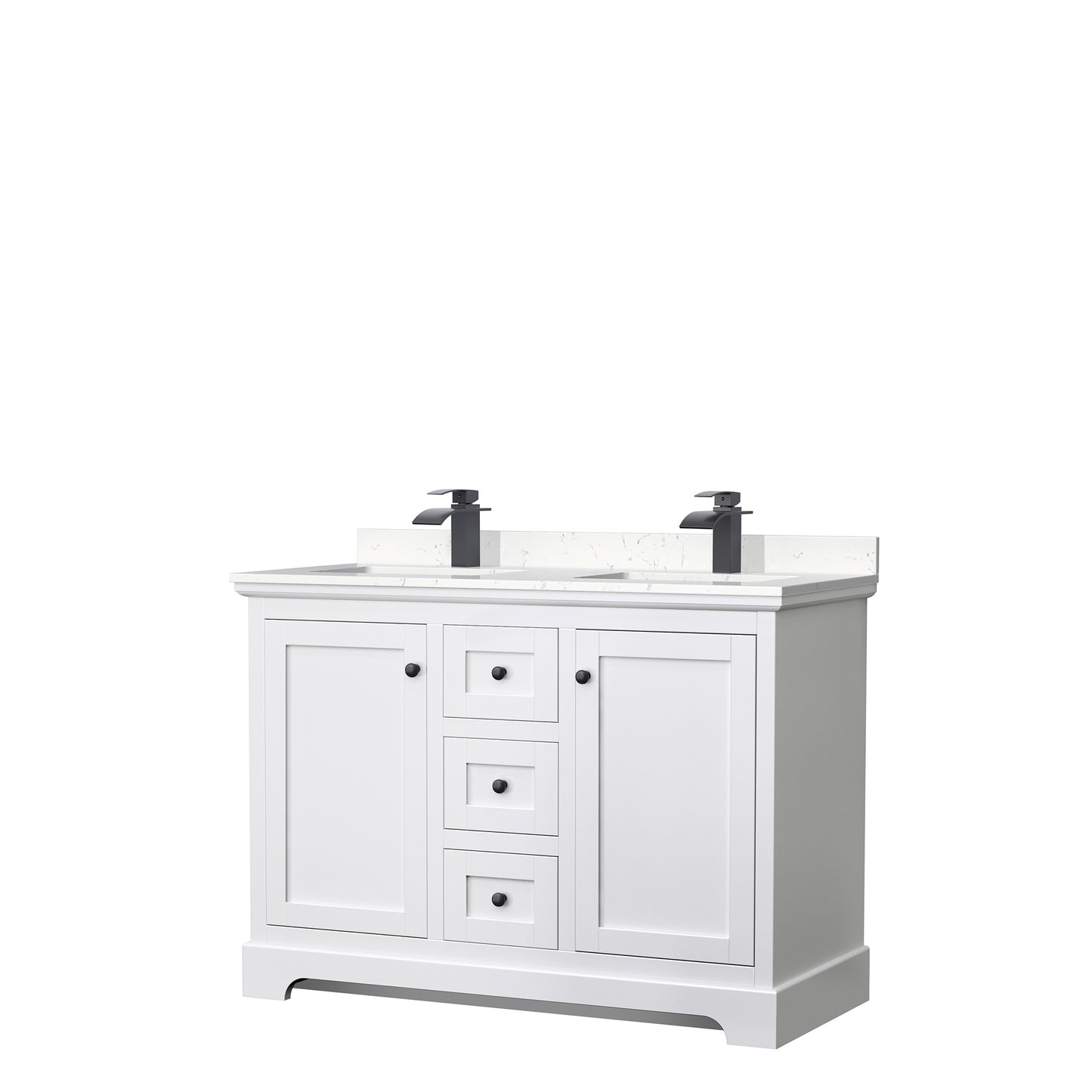 Wyndham Avery 48 Inch Double Bathroom Vanity Light-Vein Carrara Cultured Marble Countertop with Undermount Square Sinks in Matte Black Trim - Luxe Bathroom Vanities