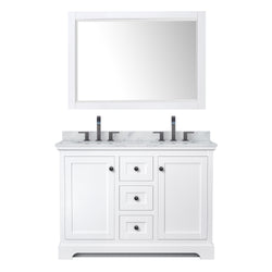 Wyndham Avery 48 Inch Double Bathroom Vanity White Carrara Marble Countertop, Undermount Oval Sinks in Matte Black Trim with 46 Inch Mirror - Luxe Bathroom Vanities