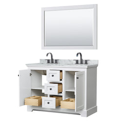 Wyndham Avery 48 Inch Double Bathroom Vanity White Carrara Marble Countertop, Undermount Oval Sinks in Matte Black Trim with 46 Inch Mirror - Luxe Bathroom Vanities