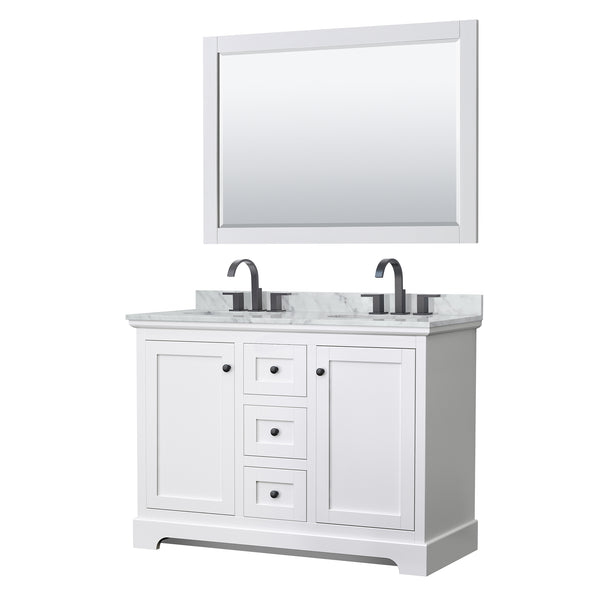 Wyndham Avery 48 Inch Double Bathroom Vanity White Carrara Marble Countertop, Undermount Oval Sinks in Matte Black Trim with 46 Inch Mirror - Luxe Bathroom Vanities