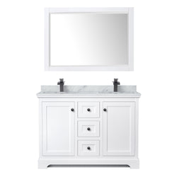 Wyndham Avery 48 Inch Double Bathroom Vanity White Carrara Marble Countertop, Undermount Square Sinks in Matte Black Trim with 46 Inch Mirror - Luxe Bathroom Vanities