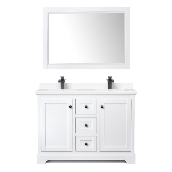 Wyndham Avery 48 Inch Double Bathroom Vanity White Cultured Marble Countertop, Undermount Square Sinks in Matte Black Trim with 46 Inch Mirror - Luxe Bathroom Vanities