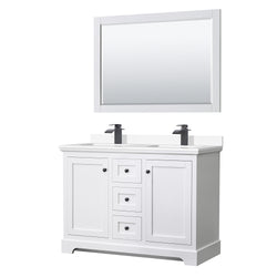 Wyndham Avery 48 Inch Double Bathroom Vanity White Cultured Marble Countertop, Undermount Square Sinks in Matte Black Trim with 46 Inch Mirror - Luxe Bathroom Vanities