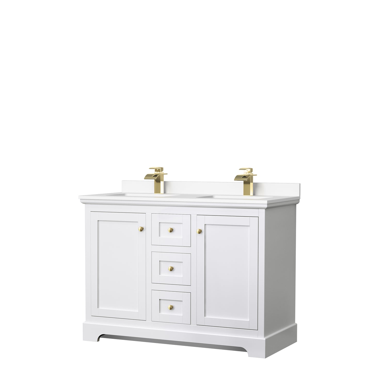 Wyndham Avery 48 Inch Double White Bathroom Vanity with Brushed Gold Trim Hardware - Luxe Bathroom Vanities