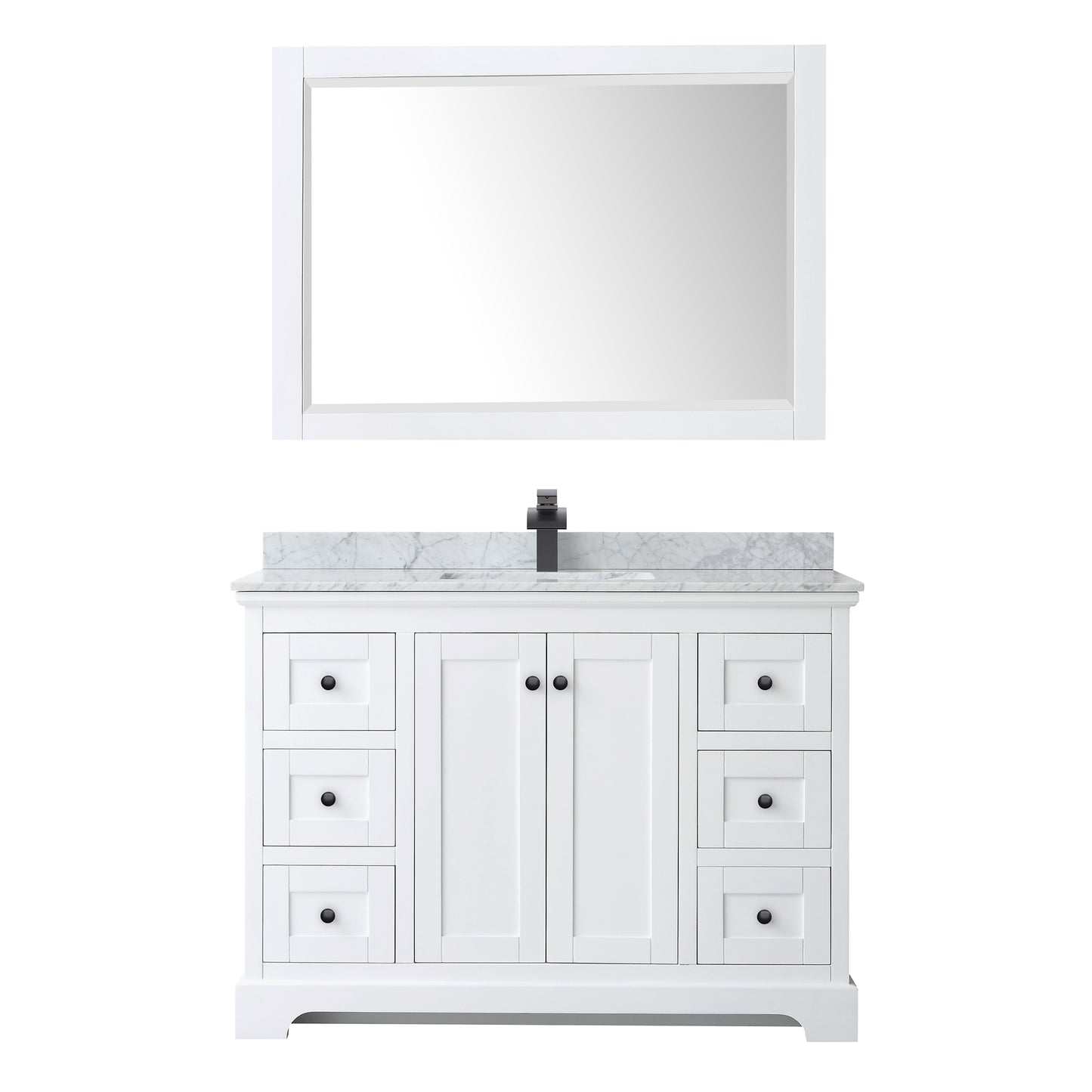 Wyndham Avery 48 Inch Single Bathroom Vanity White Carrara Marble Countertop, Undermount Square Sink in Matte Black Trim with 46 Inch Mirror - Luxe Bathroom Vanities