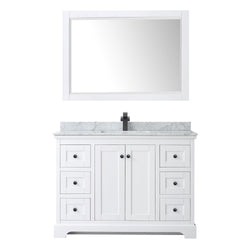 Wyndham Avery 48 Inch Single Bathroom Vanity White Carrara Marble Countertop, Undermount Square Sink in Matte Black Trim with 46 Inch Mirror - Luxe Bathroom Vanities