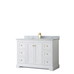 Wyndham Avery 48 Inch Single White Bathroom Vanity with Brushed Gold Trim Hardware - Luxe Bathroom Vanities