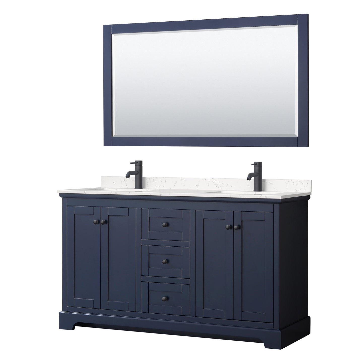 Wyndham Avery 60 Inch Double Bathroom Vanity Light-Vein Carrara Cultured Marble Countertop, Undermount Square Sinks in Matte Black Trim with 58 Inch Mirror - Luxe Bathroom Vanities