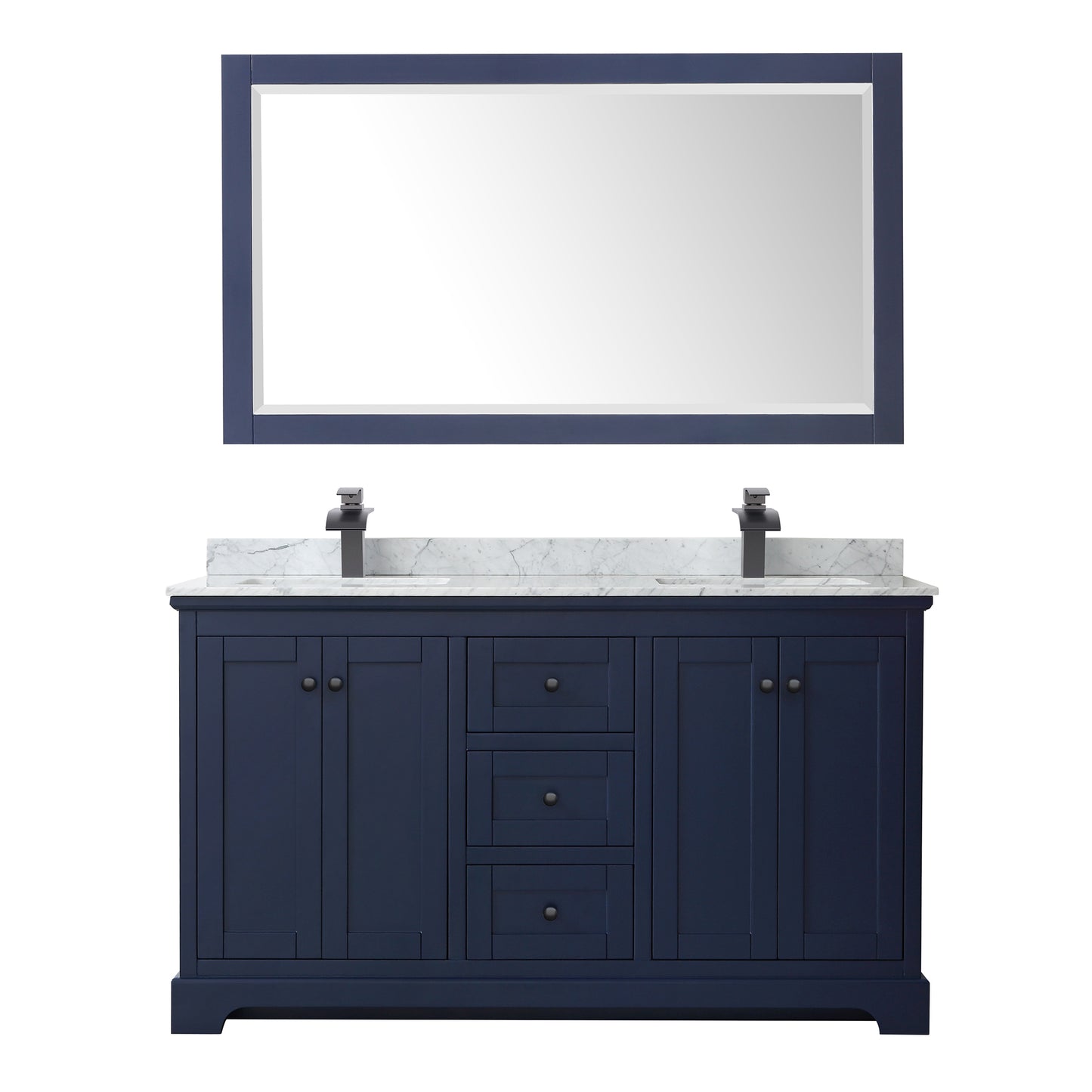 Wyndham Avery 60 Inch Double Bathroom Vanity White Carrara Marble Countertop, Undermount Square Sinks in Matte Black Trim with 58 Inch Mirror - Luxe Bathroom Vanities