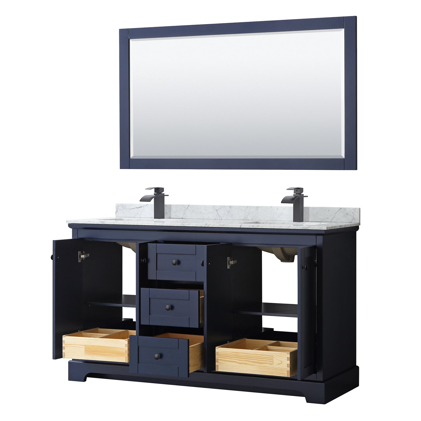 Wyndham Avery 60 Inch Double Bathroom Vanity White Carrara Marble Countertop, Undermount Square Sinks in Matte Black Trim with 58 Inch Mirror - Luxe Bathroom Vanities