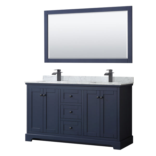 Wyndham Avery 60 Inch Double Bathroom Vanity White Carrara Marble Countertop, Undermount Square Sinks in Matte Black Trim with 58 Inch Mirror - Luxe Bathroom Vanities