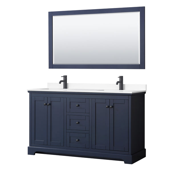 Wyndham Avery 60 Inch Double Bathroom Vanity White Cultured Marble Countertop, Undermount Square Sinks in Matte Black Trim with 58 Inch Mirror - Luxe Bathroom Vanities