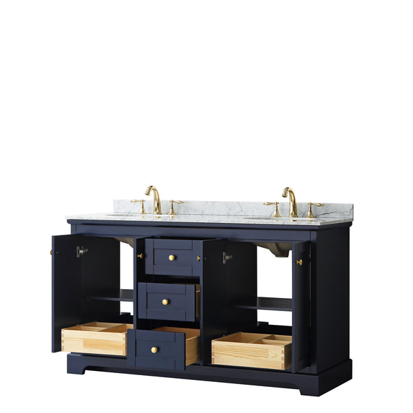 60 Inch Double Bathroom Vanity, White Carrara Marble Countertop, Undermount Oval Sinks, and No Mirror - Luxe Bathroom Vanities Luxury Bathroom Fixtures Bathroom Furniture