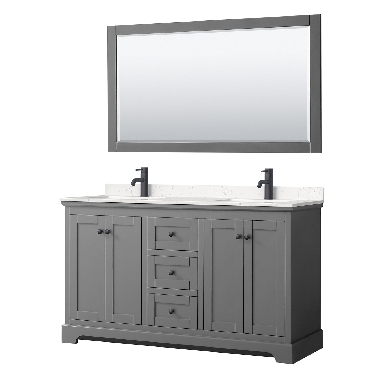Wyndham Avery 60 Inch Double Bathroom Vanity Light-Vein Carrara Cultured Marble Countertop, Undermount Square Sinks in Matte Black Trim with 58 Inch Mirror - Luxe Bathroom Vanities